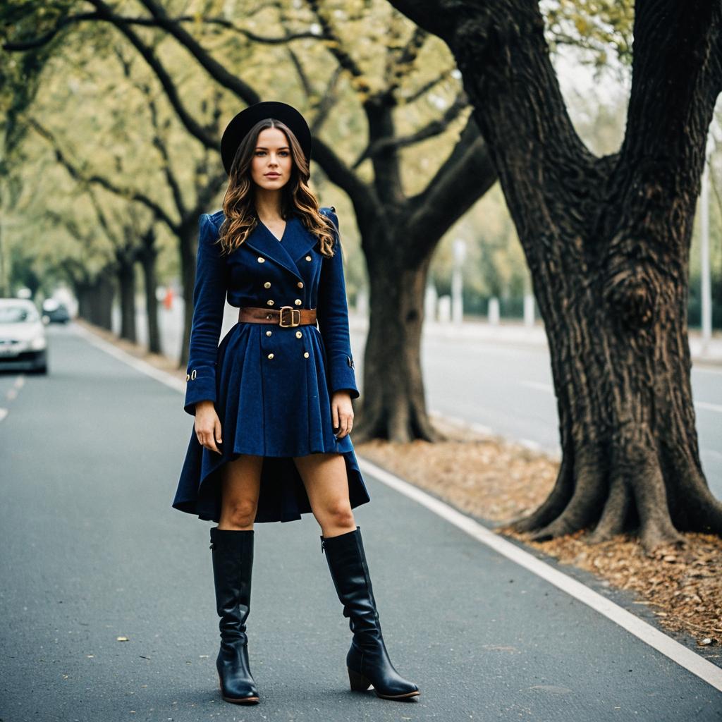 Stylish Woman in Navy Coat Dress and Knee-High Boots on Tree-Lined Street Stylish Woman in Navy Coat Dress and Knee-High Boots on Tree-Lined Street