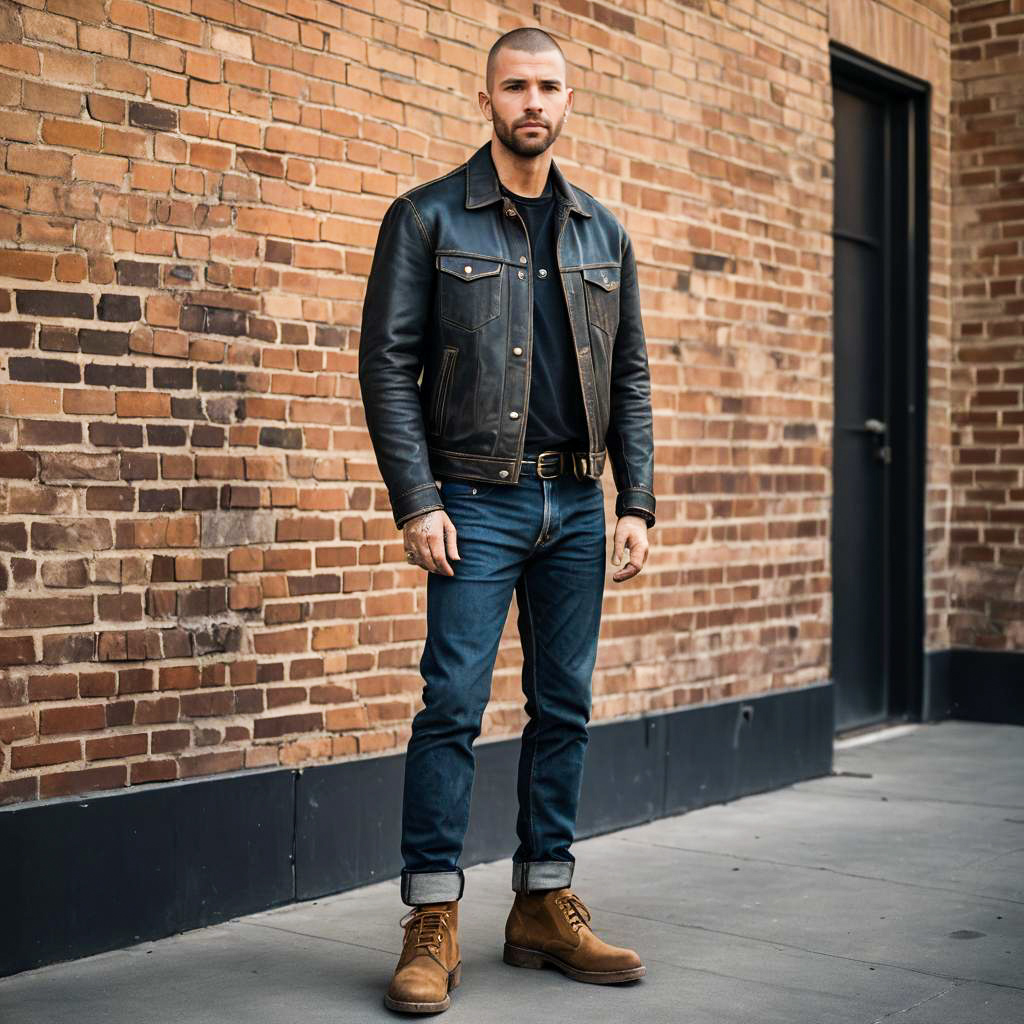 Man Wearing Leather Jacket and Jeans Against Brick Wall Urban Style