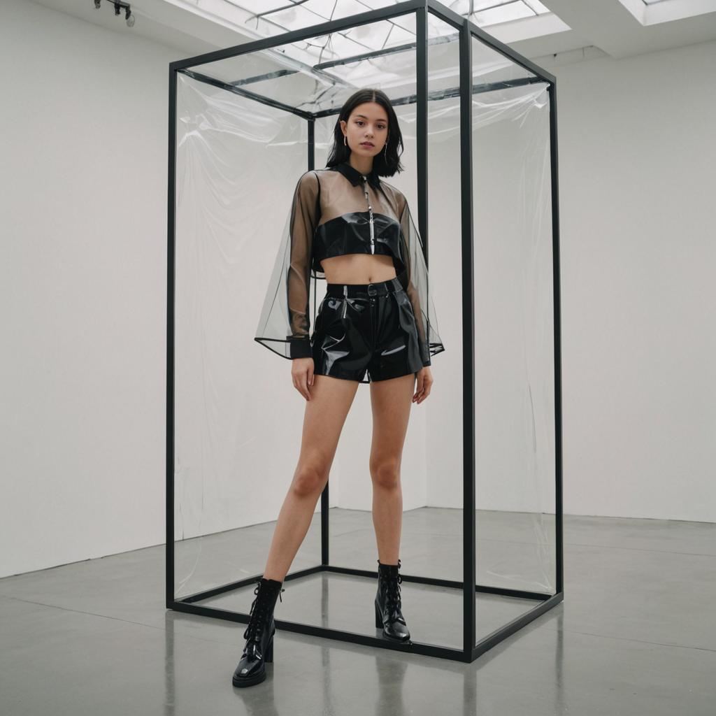 Stylish Woman in Transparent Cube