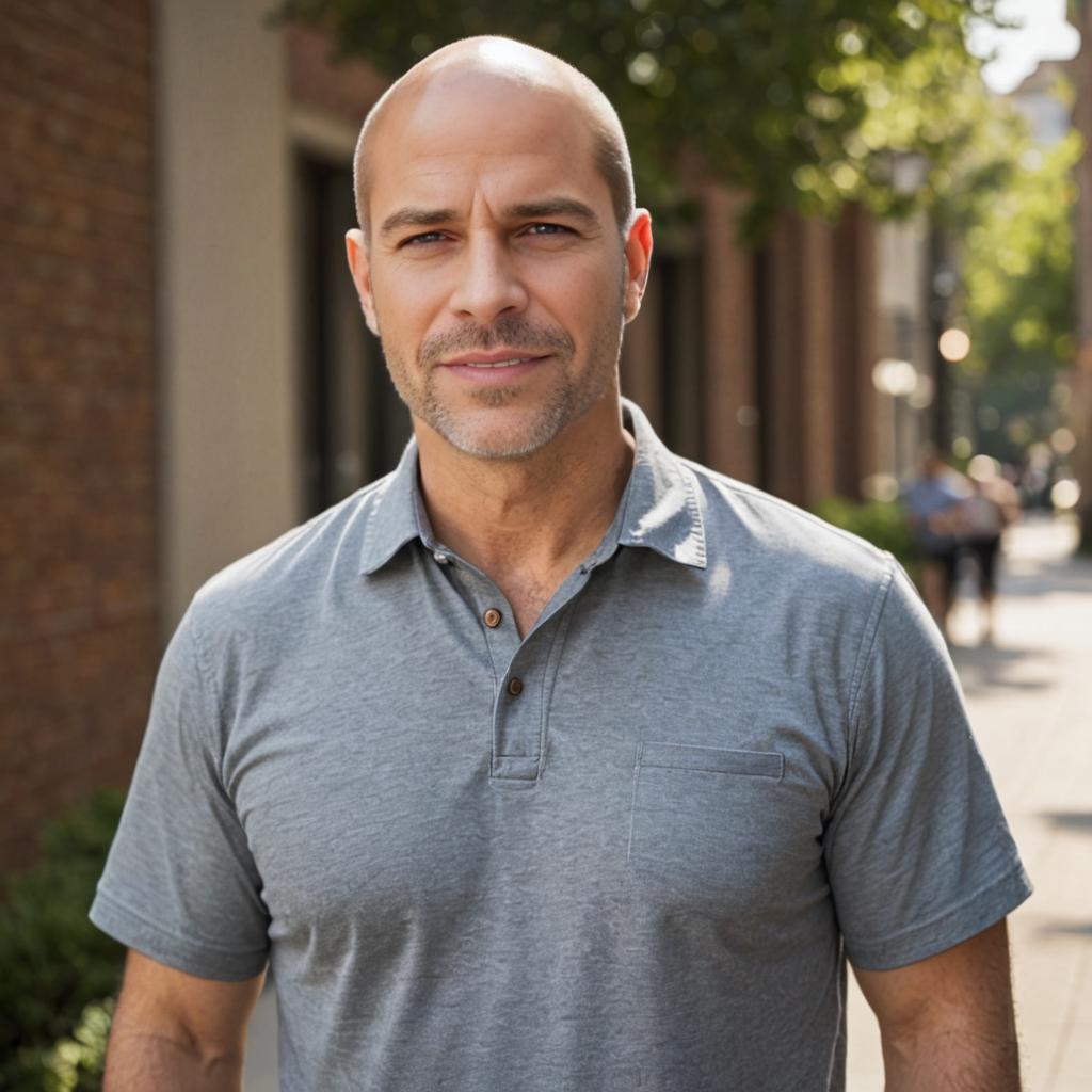 Confident man in grey polo on sunny street