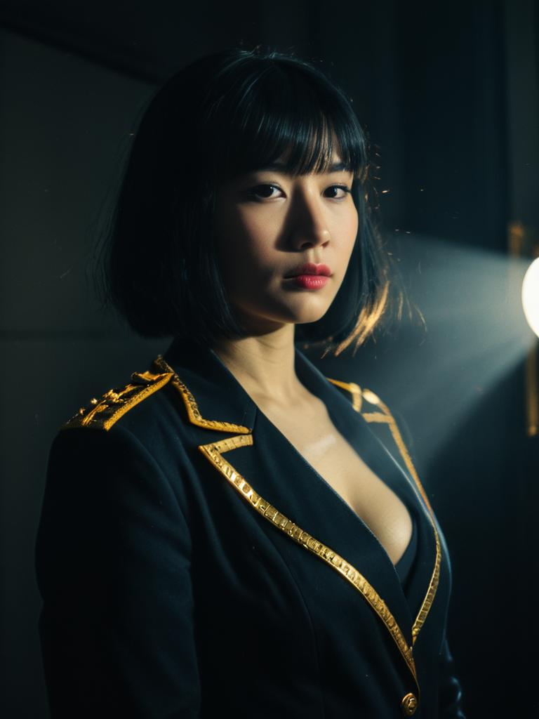 Stylish Woman in Black and Gold Embellished Jacket Portrait