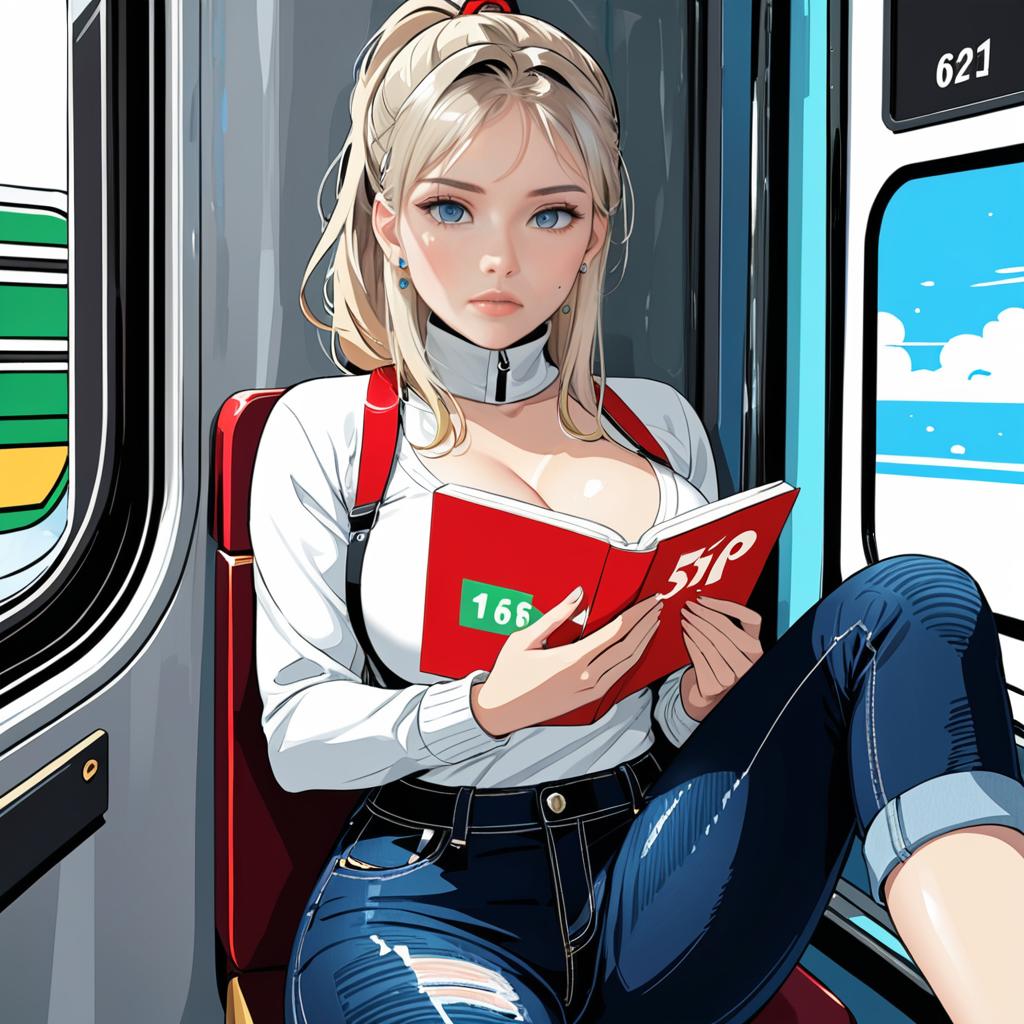 Anime-style illustration of a woman reading on a train