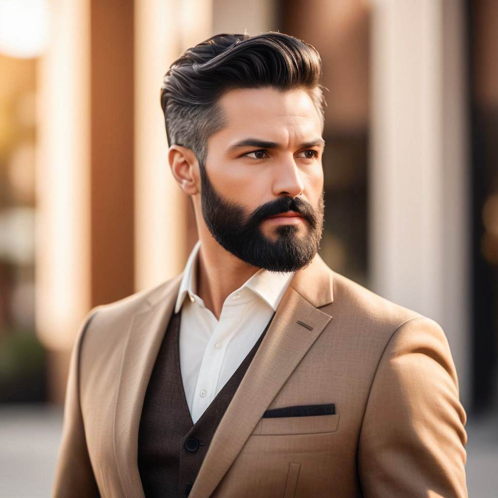 Confident man in tan suit against urban backdrop