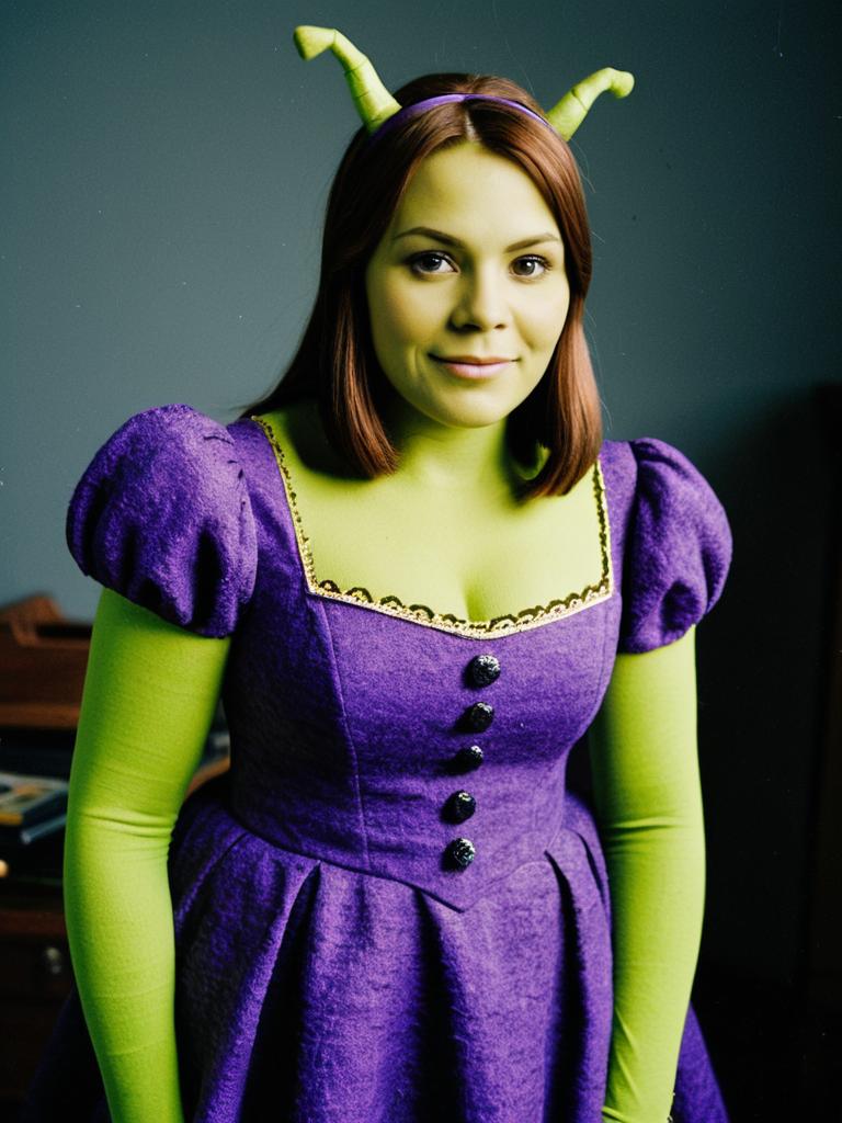 Woman in Purple Dress Shrek Costume with Green Face Paint and Antennae