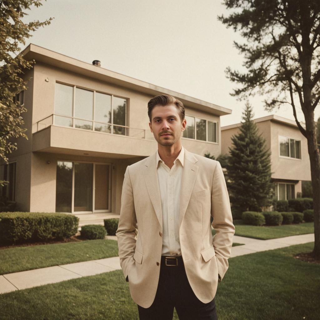 Confident man in front of modern house