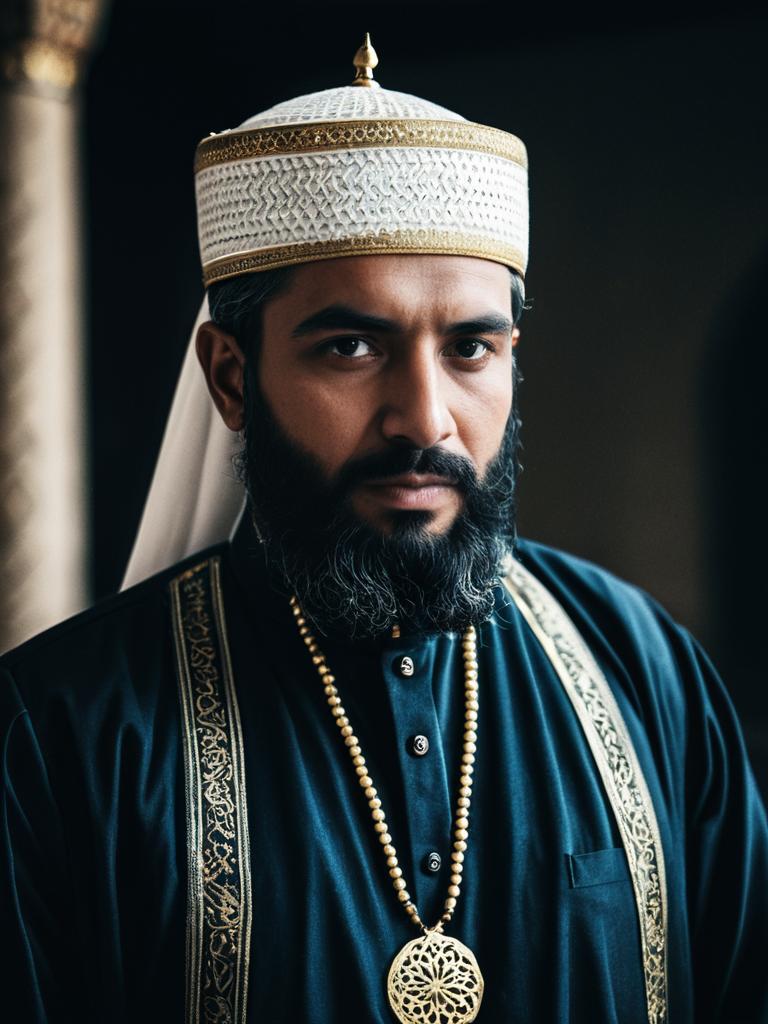 Cinematic Portrait of Man in Traditional Muslim Costume with Ornate Embroidery