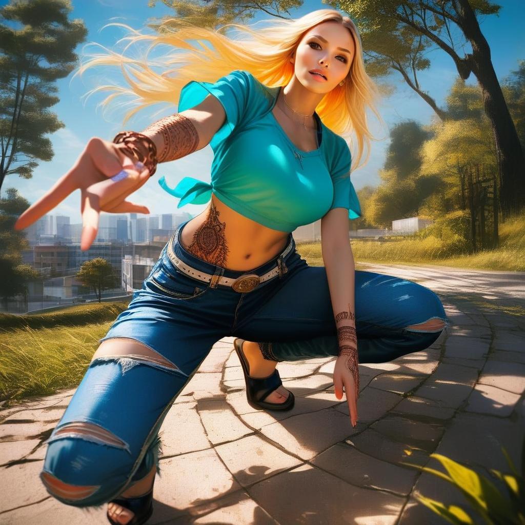 Confident Woman in Turquoise Crop Top on Urban Pathway