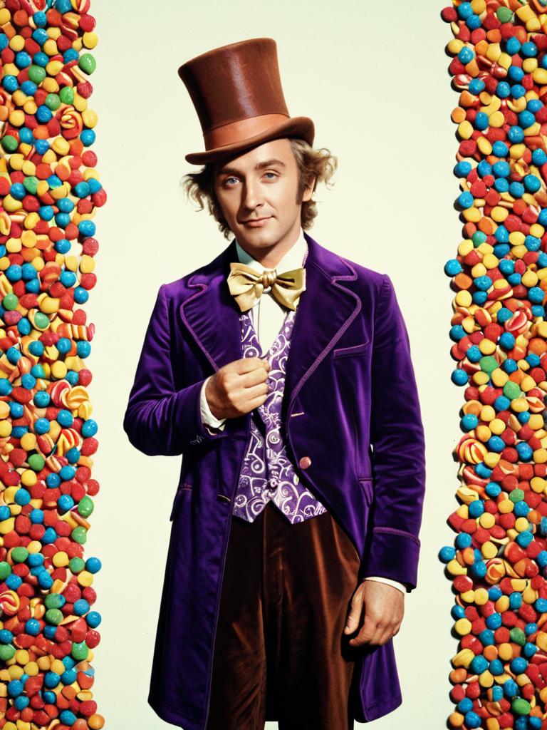 Man in Willy Wonka Costume with Candy Props Waist-Up Portrait