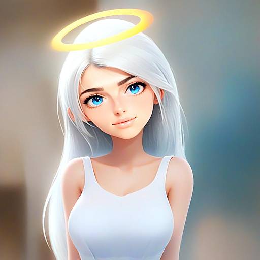 Angel Girl with White Hair and Glowing Halo Digital Illustration