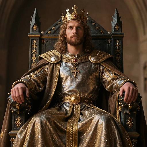 Medieval King Sitting on Ornate Throne in Regal Armor and Crown