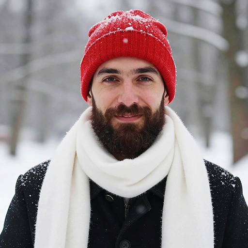 Bearded Man Wearing Red Beanie and White Scarf in Snowy Winter Outdoors