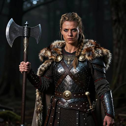Fierce Viking Woman Warrior Holding Double-Headed Axe in Forest