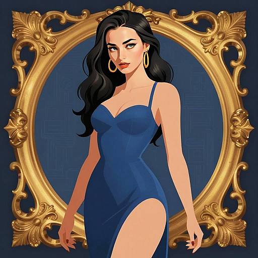 Stylish Woman in Blue Dress Standing by Ornate Gold Frame Digital Art