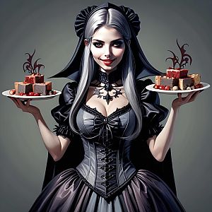 Gothic Woman with Silver Hair Holding Desserts