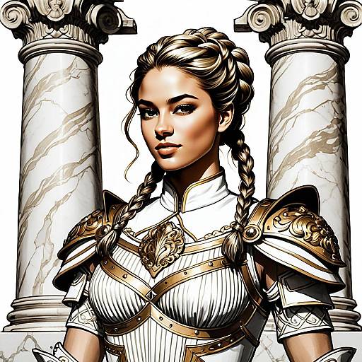 Fantasy Woman Warrior in Gold-Accented Armor with Classical Columns