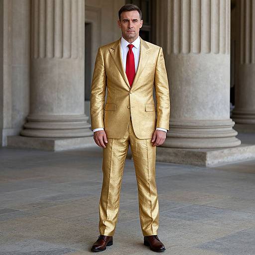 Man Wearing Gold Metallic Suit with Red Tie in Classical Architectural Setting