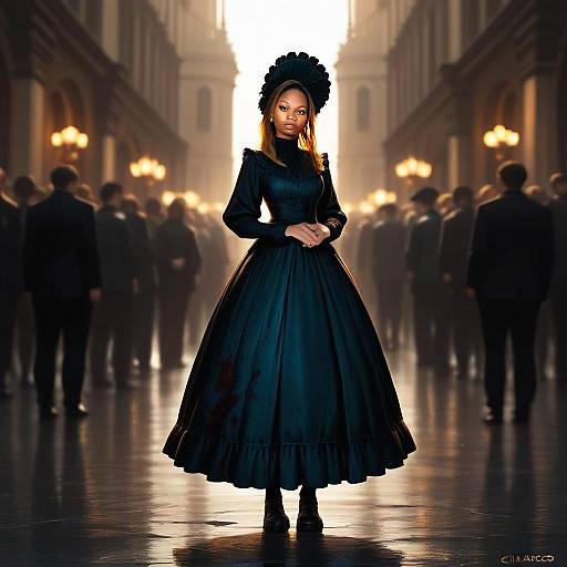 Victorian Woman in Elegant Dark Dress with Dramatic Architectural Backdrop