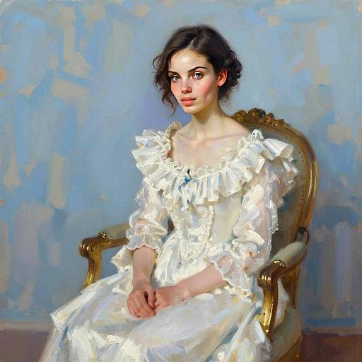 Classical Portrait of Young Woman in White Ruffled Dress Sitting on Vintage Chair