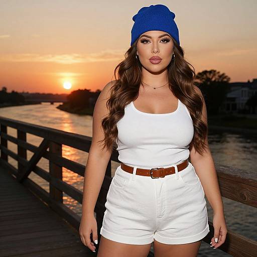 Young Woman Wearing Blue Beanie and White Outfit on Bridge at Sunset