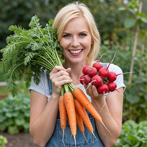 Woman Holding Fresh Carrots and Radishes in Garden