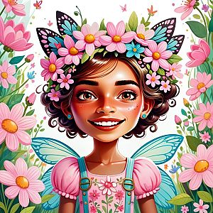 Joyful Girl in Floral Crown and Butterfly Wings in Garden
