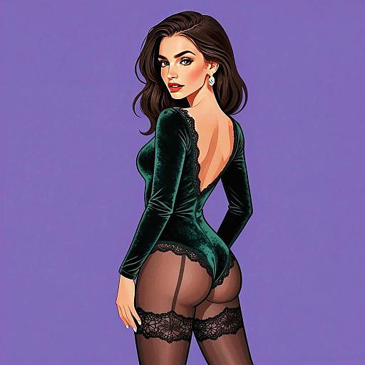 Woman in Chic Emerald Green Velvet Bodysuit with Black Lace Stockings Digital Art
