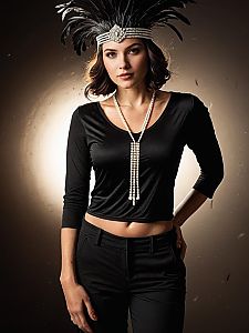 Woman in Stylish Flapper Costume with Black Feather Headpiece and Pearl Necklace