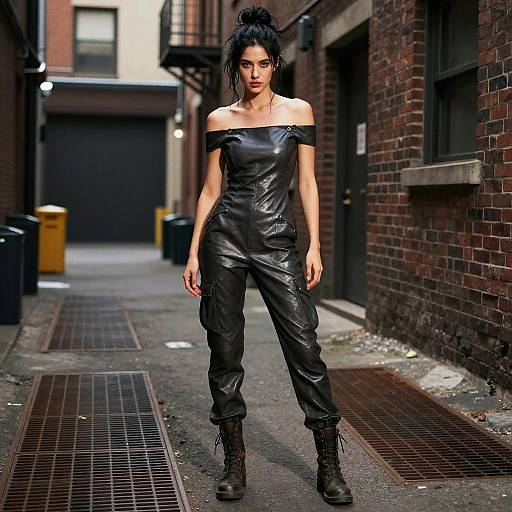Gen Z Woman in Black Leather Jumpsuit and Combat Boots in Urban Alley