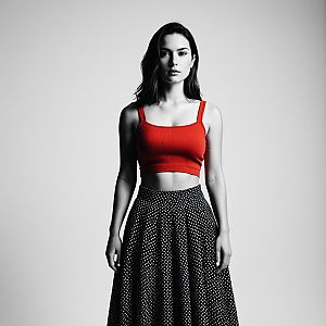 Confident Woman in Red Crop Top and Polka Dot Skirt