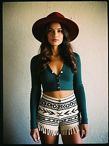 Woman in Casual Chic Olive Green Ribbed Knit Henley Top with Patterned Fringe Shorts