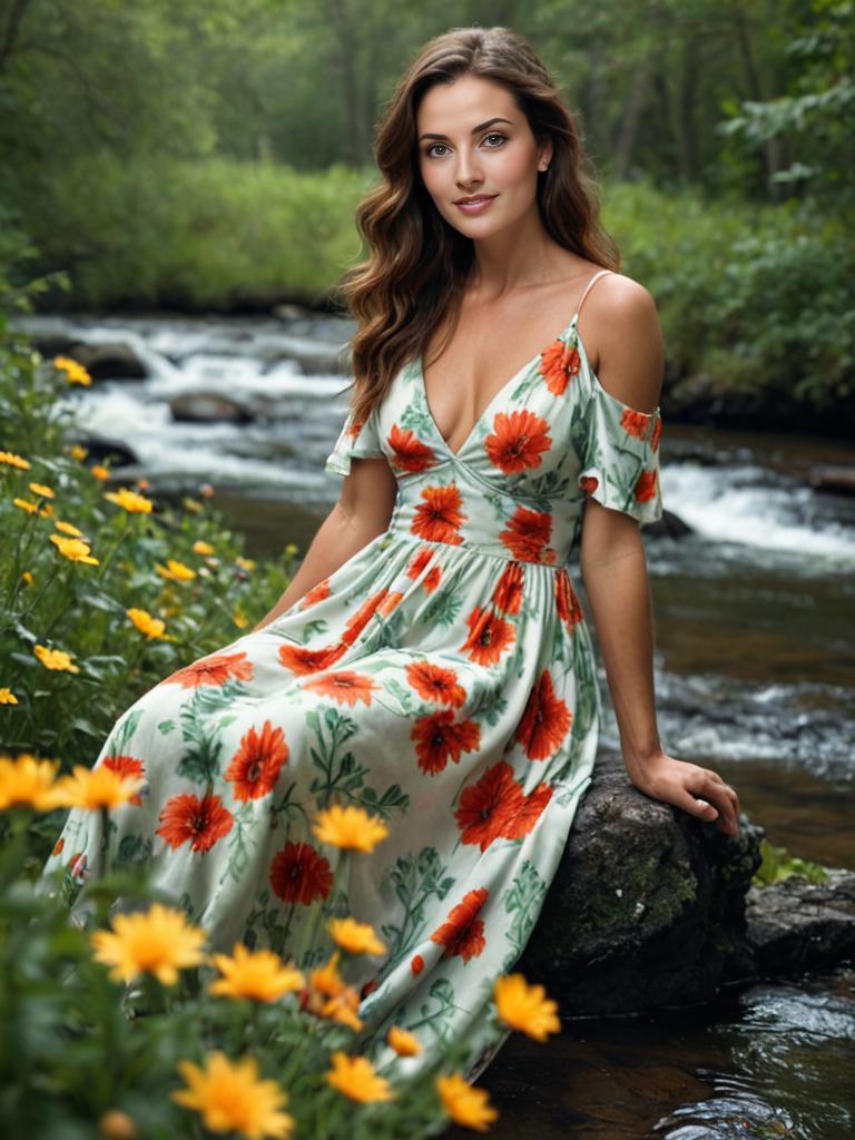 Woman in Floral Dress by Stream