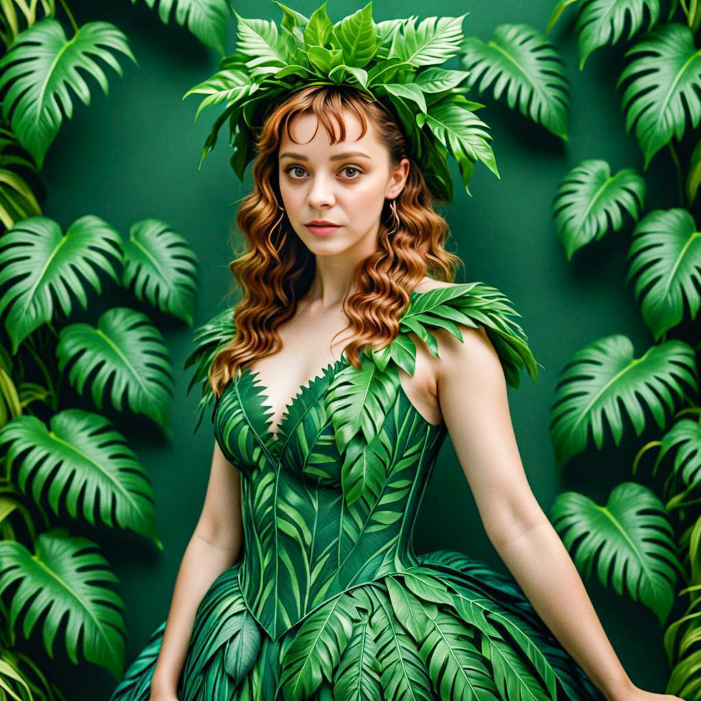 Woman in Leaf-Inspired Costume Surrounded by Greenery