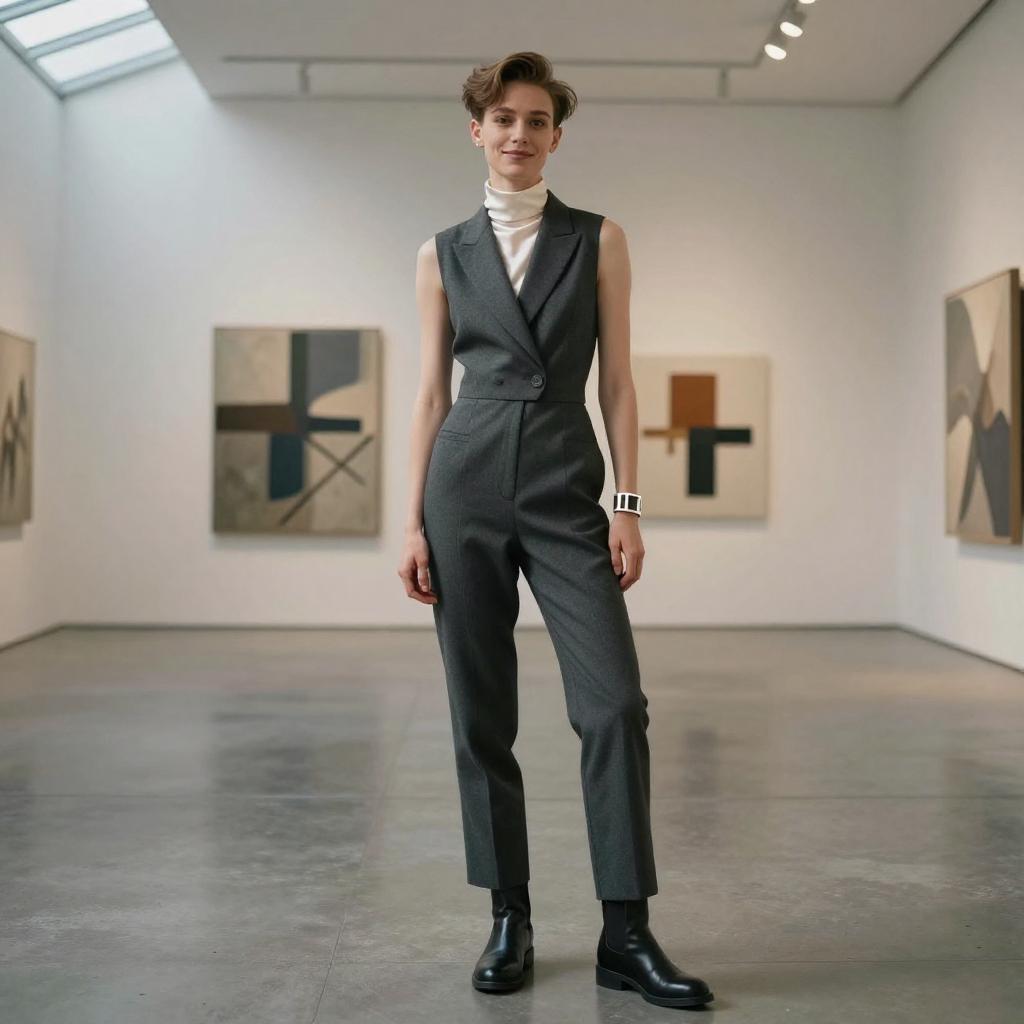 Modern Woman in Grey Sleeveless Pantsuit in Contemporary Art Gallery