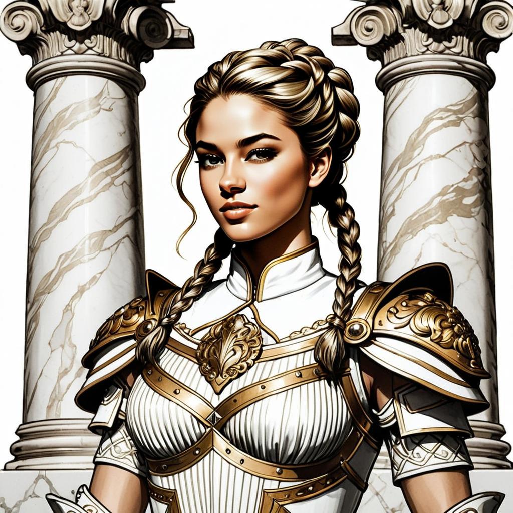 Fantasy Woman Warrior in Gold-Accented Armor with Classical Columns