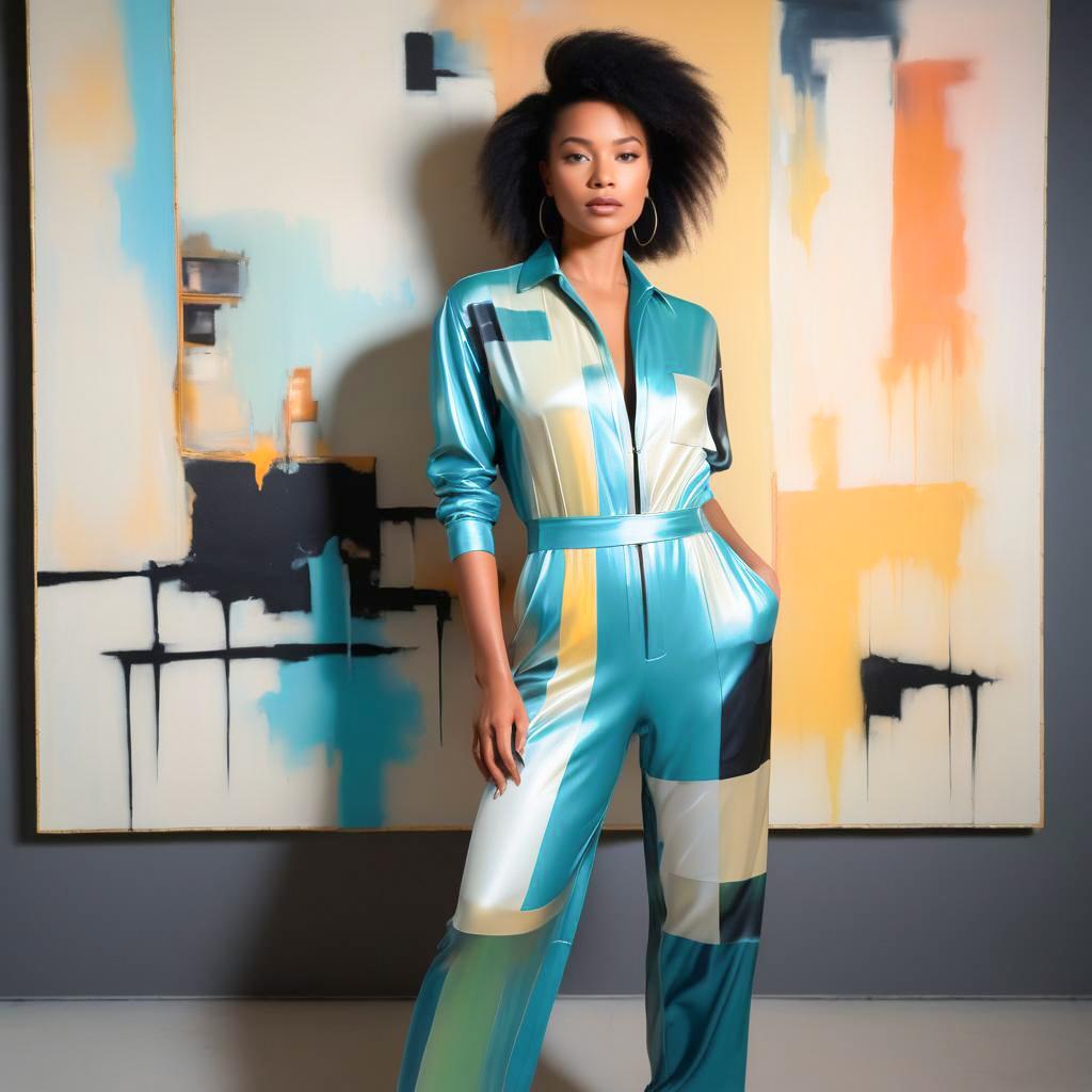 Woman in Vibrant Multicolored Jumpsuit Against Abstract Art