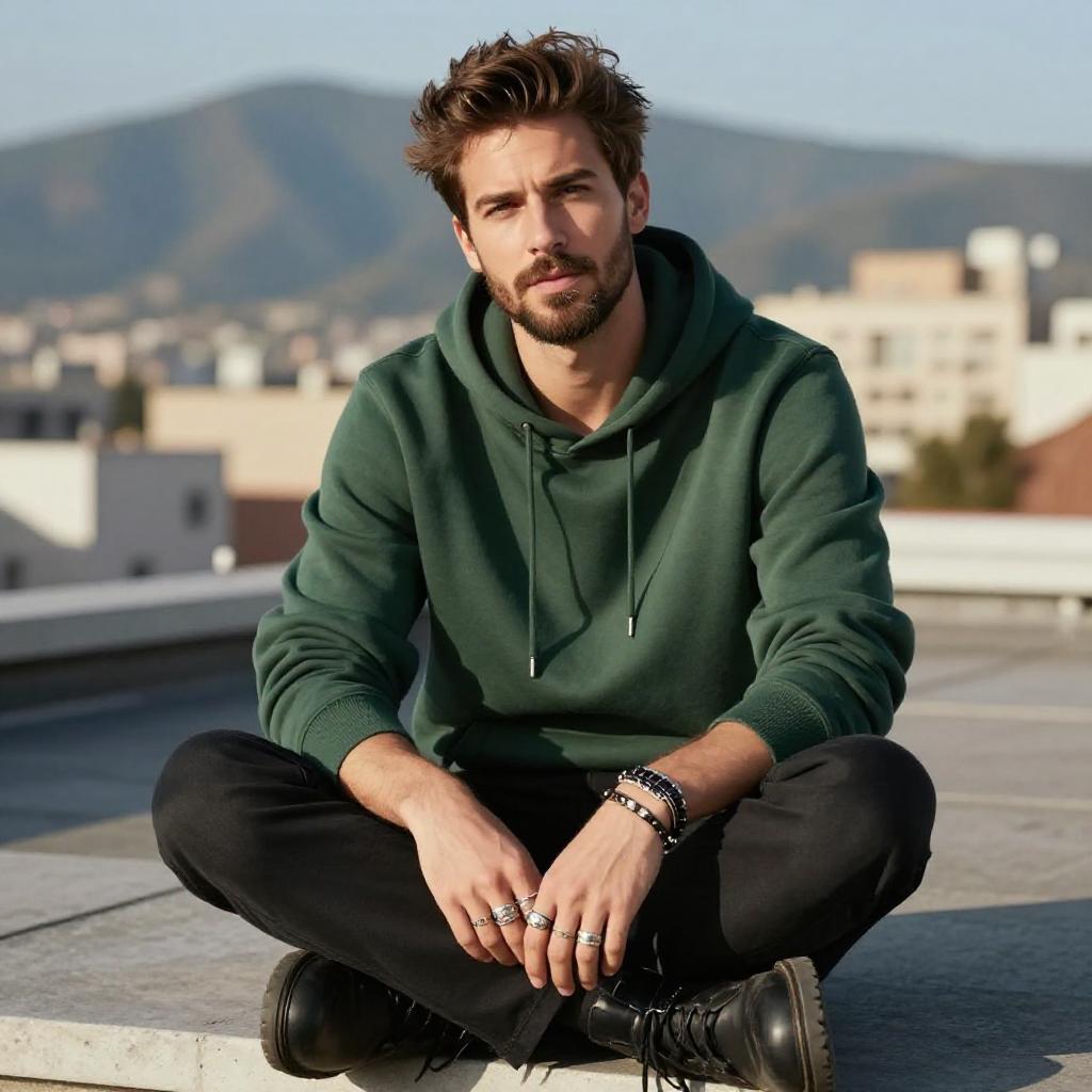 Casual Edgy Man Sitting on Rooftop in Green Hoodie and Black Boots