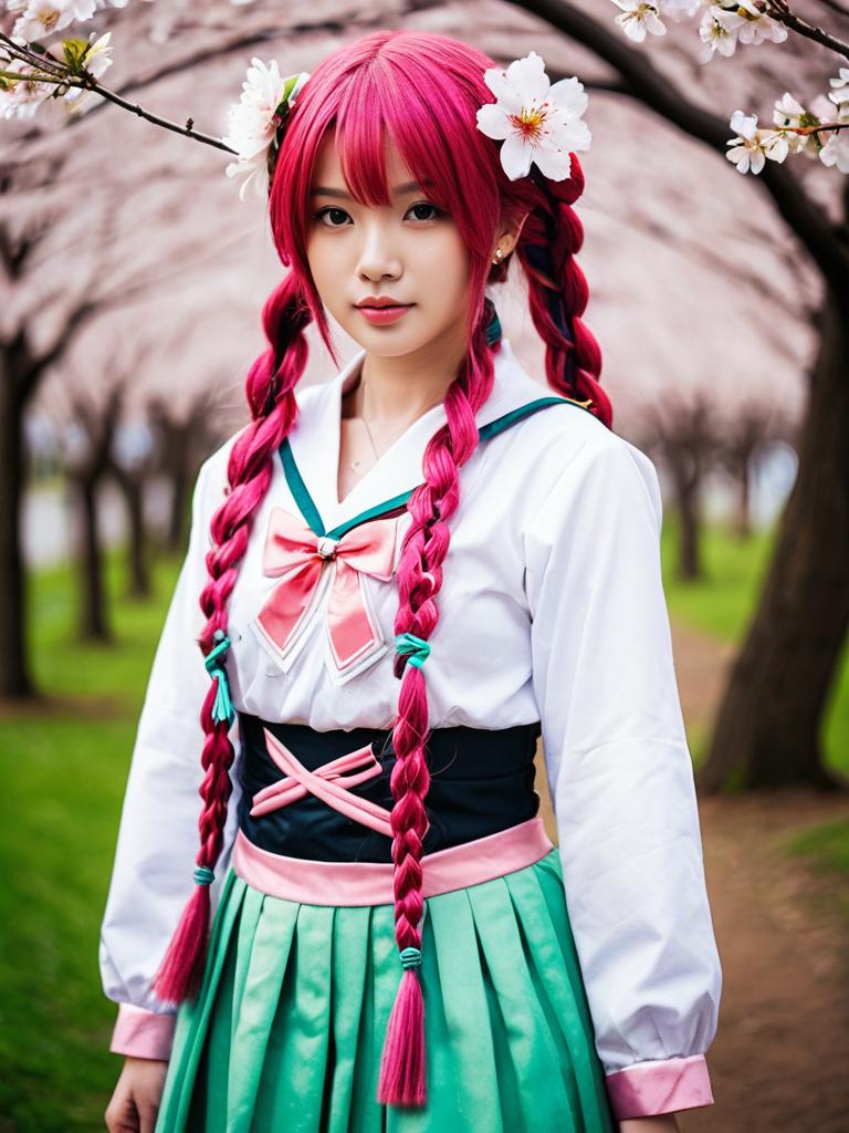 Hanami Kotoha Cosplay in Cherry Blossom Garden with Pink Hair
