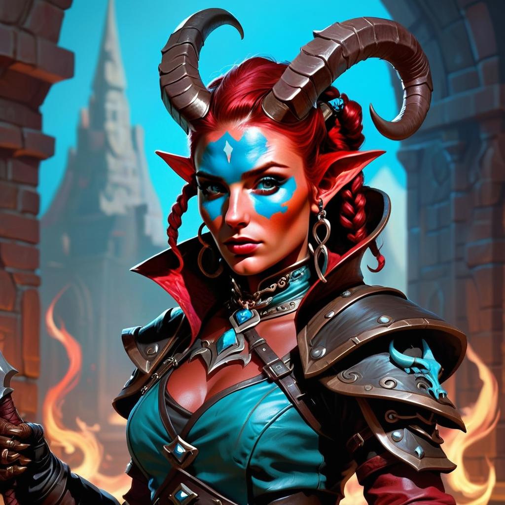 Fierce Woman Warrior with Red Hair and Horns in Medieval Armor