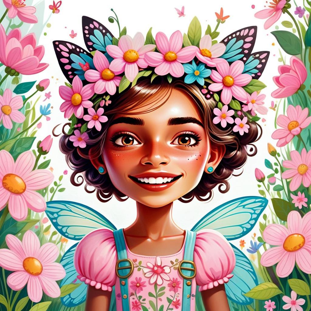 Joyful Girl in Floral Crown and Butterfly Wings in Garden Joyful Girl in Floral Crown and Butterfly Wings in Garden