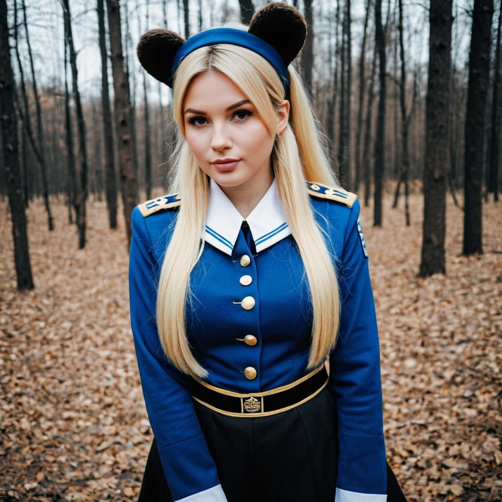 Young Woman in Vintage Military-Style Uniform with Bear Ears Headband in Forest