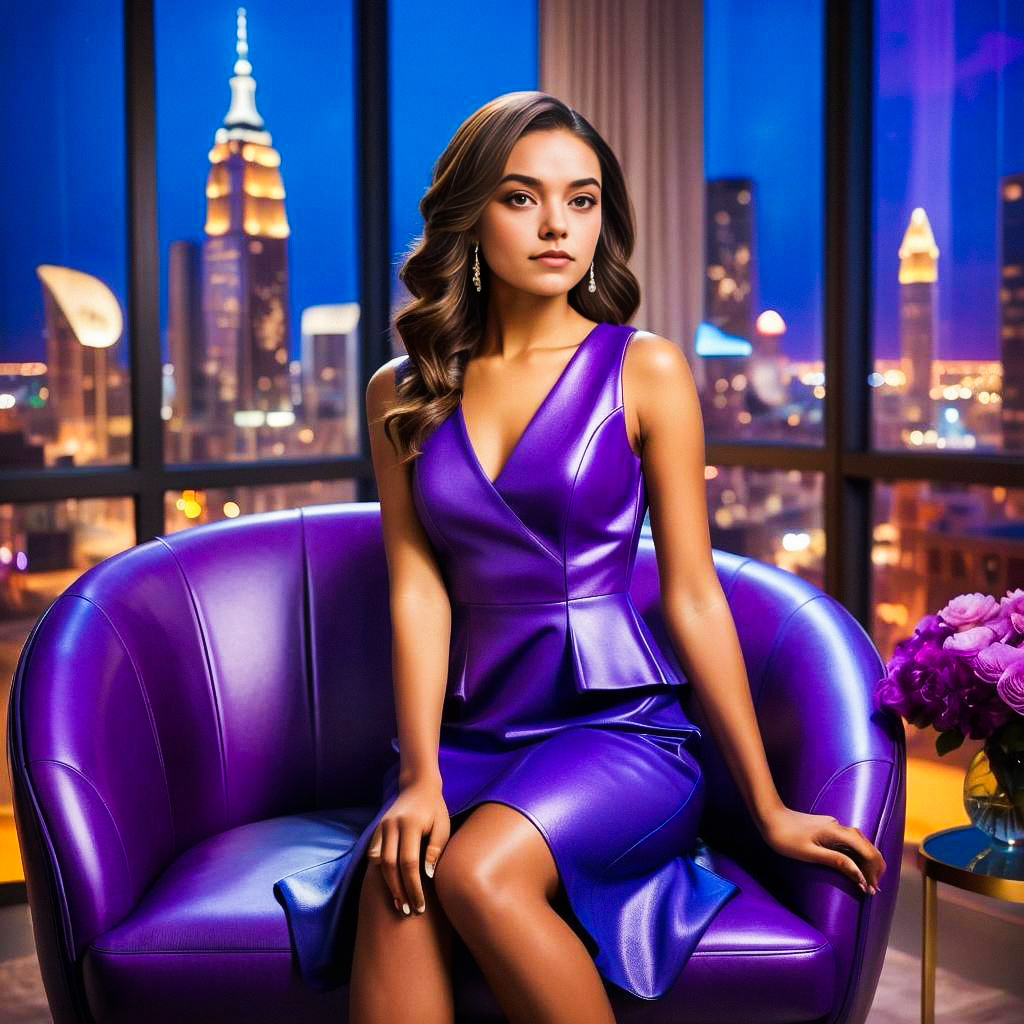 Stylish Woman in Purple Dress Against Cityscape Stylish Woman in Purple Dress Against Cityscape
