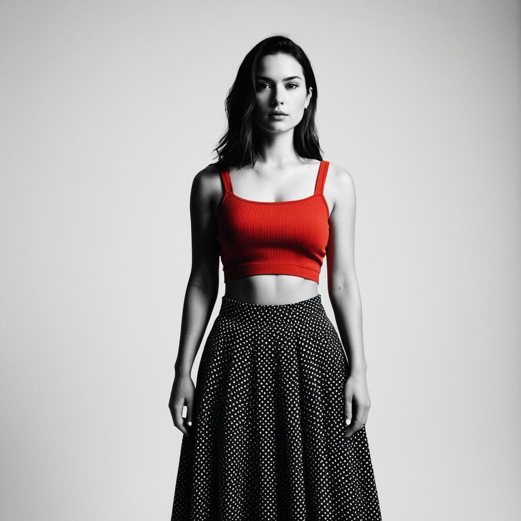 Confident Woman in Red Crop Top and Polka Dot Skirt