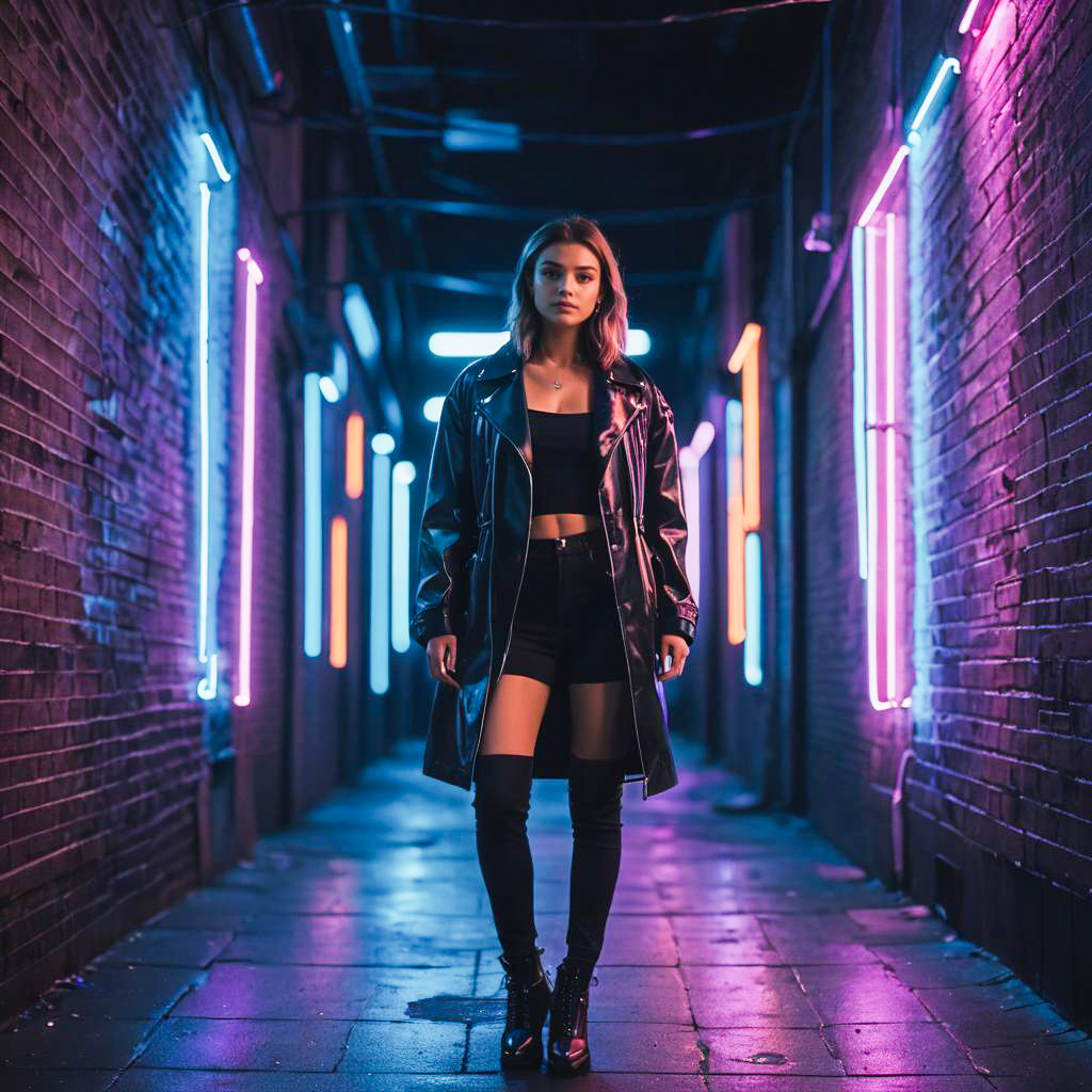 Confident Woman in Neon Alley