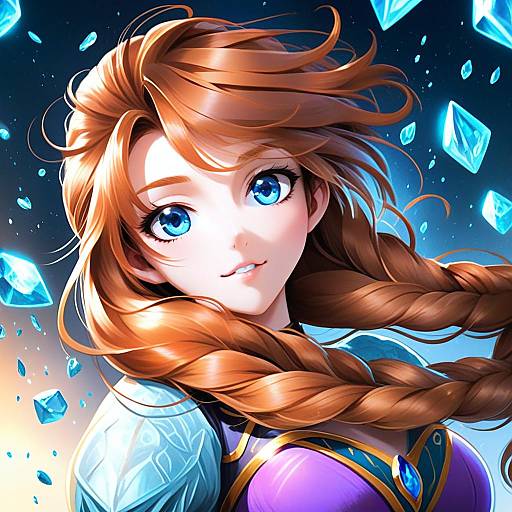 Anime Style Portrait of Woman with Braided Hair and Floating Ice Crystals