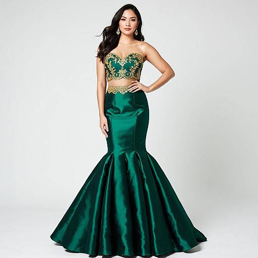 Elegant Emerald Green Mermaid Gown with Gold Embroidery on Woman