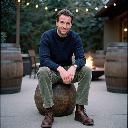 Casual Man Sitting on Barrel Outdoors with Fire Pit and Wooden Barrels