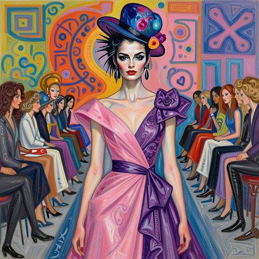 Surrealist Fashion Runway Painting Featuring Elegant Woman in Pink and Purple Dress
