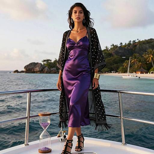 Hourglass Woman in Boho Chic Deep Purple Satin Slip Dress on Boat Deck
