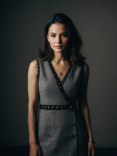 Woman in Chic Gray Tweed Sleeveless Mini Dress with Black Studded Trim