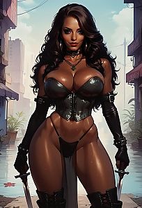 Strong Woman in Black Leather Corset with Daggers in Urban Alley Digital Art